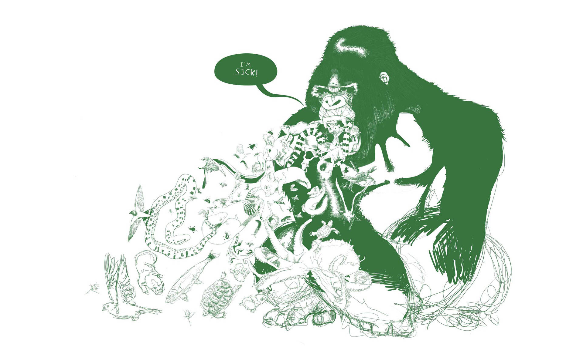藝術 桌布 壁紙 — 一隻綠色插圖大猩猩彎腰坐著，旁邊有對話框說我病了！周圍是混亂的線條動物。