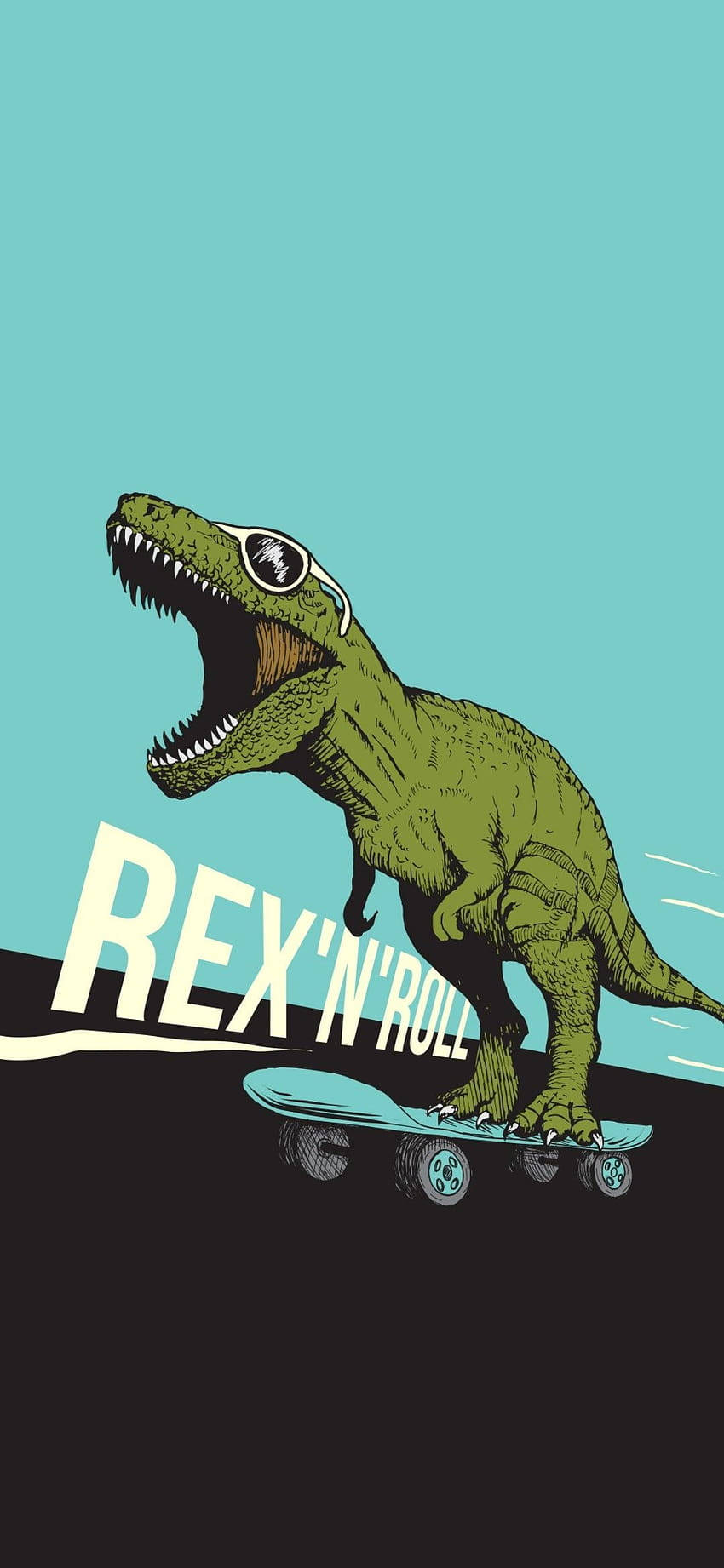 Funny Dinosaur 桌布 壁紙 — 一隻綠色暴龍戴著太陽眼鏡，踩在藍綠色滑板上，背景是分半的藍綠色和黑色，並有「REX'N'ROLL」字樣。