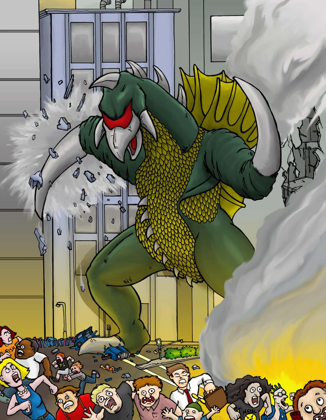 Gigan 桌布 壁紙 — 一隻綠色有鱗片、黃色鰭和白色角的怪物衝破建築物，驚恐的人們在下方逃竄。