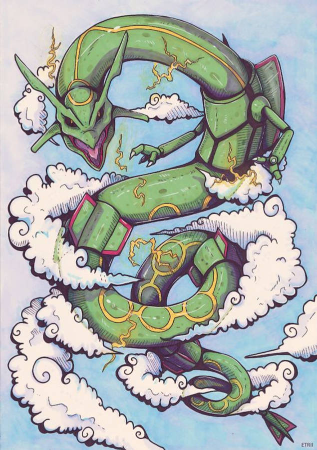 烈空坐 桌布 壁紙 — 一隻綠色機械翼龍，帶有黃色閃電，在淺藍色天空背景下穿過蓬鬆的白雲。