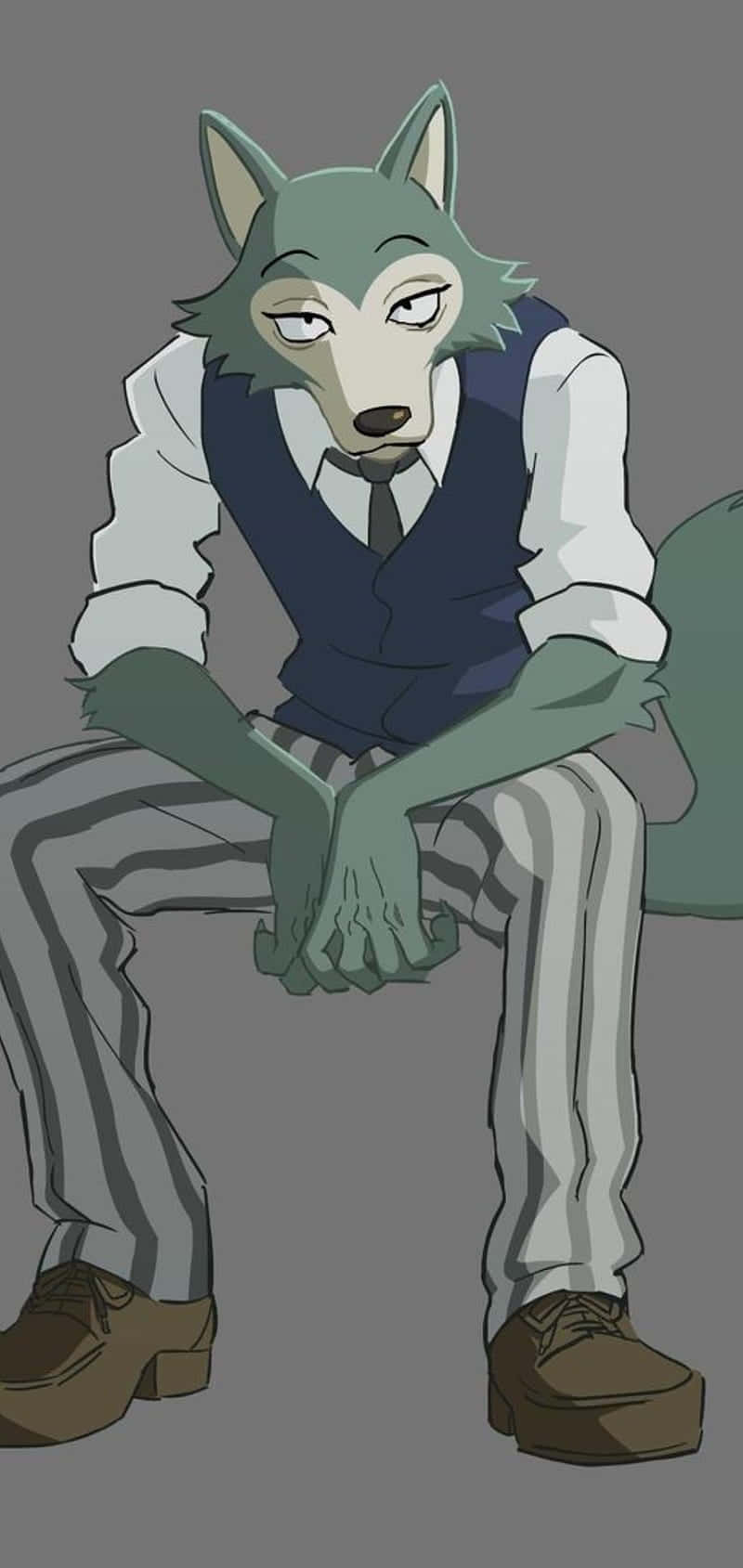 桌布 壁紙 — 一隻綠色毛皮擬人化狼穿著背心和領帶，雙手合十坐在純灰色背景前。