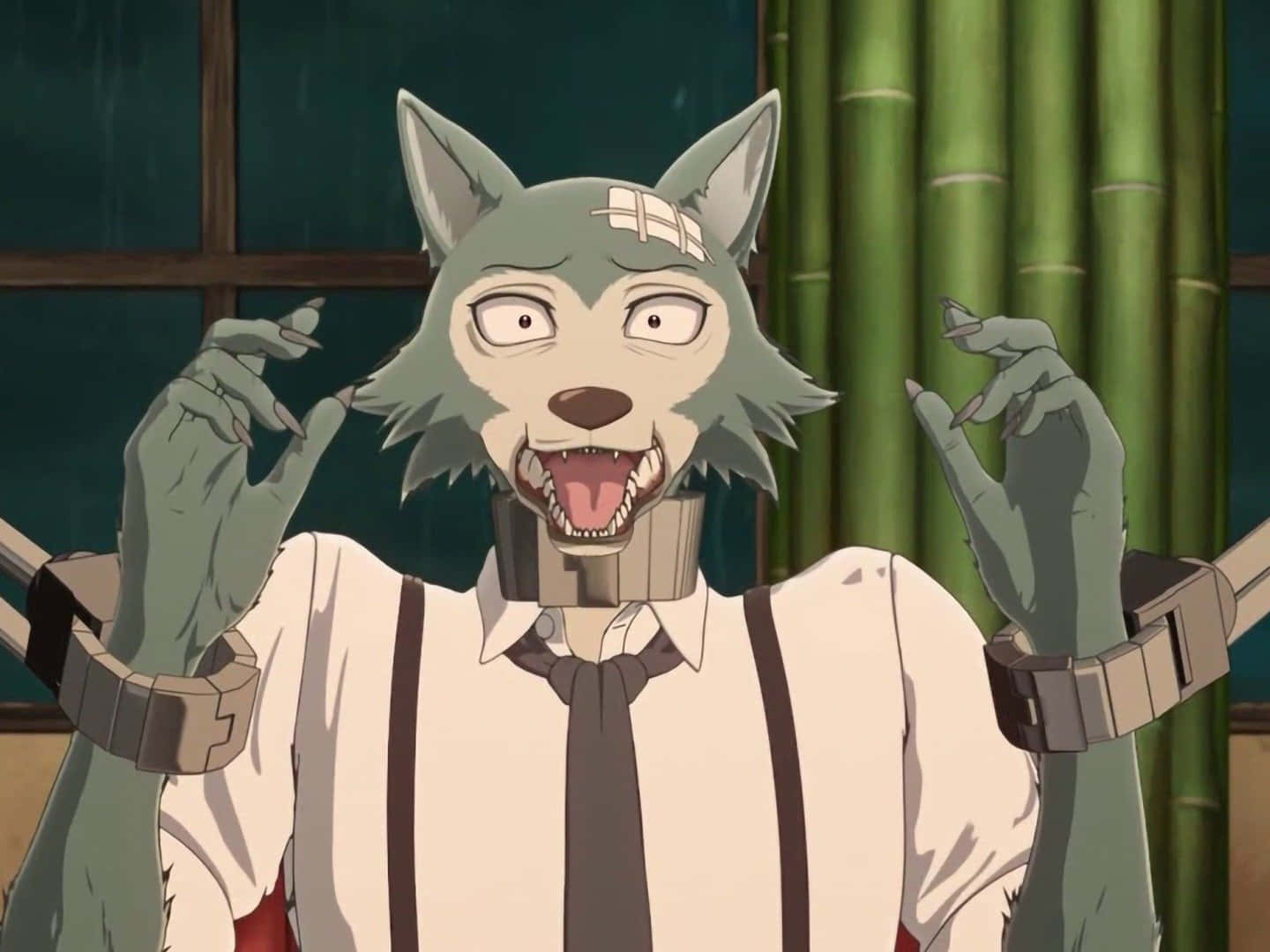 獸星 桌布 壁紙 — 一隻綠色毛髮的擬人狼，頭部纏著繃帶，戴著金屬下巴約束器，在竹屋內瘋狂地做手勢。