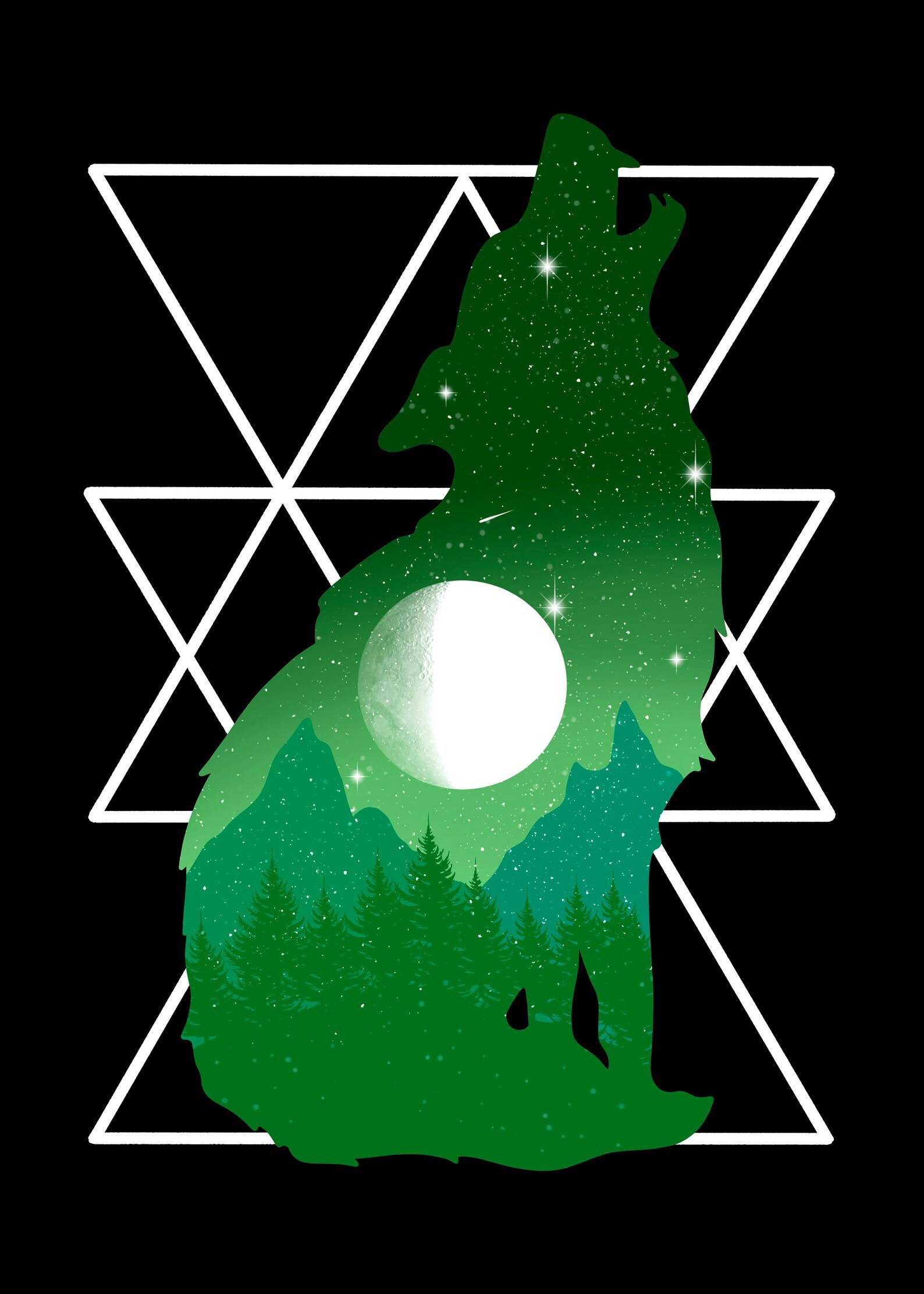 美學 桌布 壁紙 — 一隻綠色狼剪影在滿月和松樹的襯托下，對著星空夜空嚎叫，其形狀被白色三角形框住。