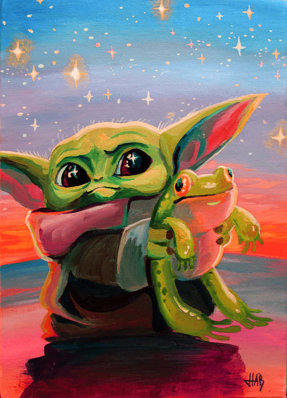 Frog 桌布 壁紙 — 一隻綠色的Baby Yoda在滿是星星的暮色天空下，抱著一隻青蛙，天空有鮮豔的粉紅色和藍色色調。