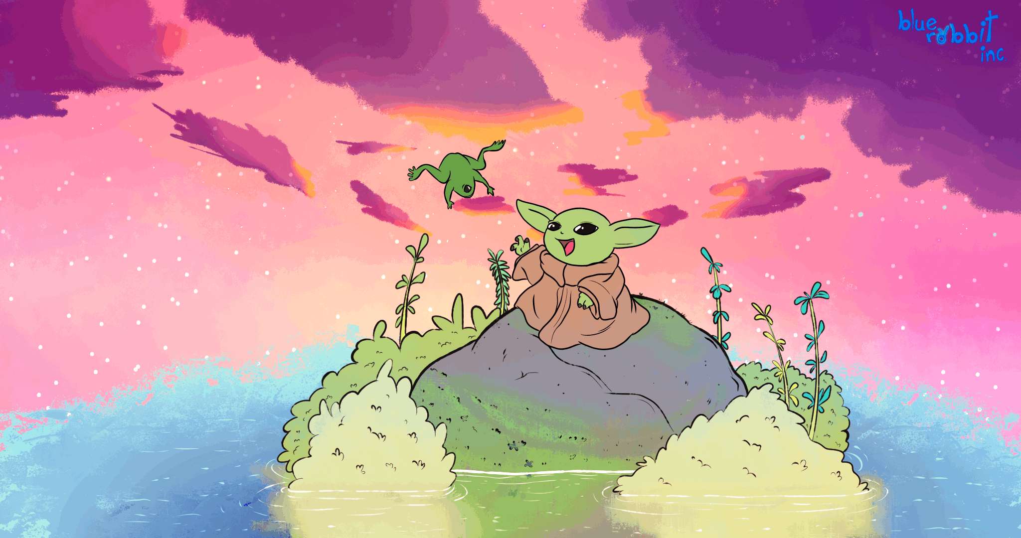 Cartoon Yoda 桌布 壁紙 — 一隻綠色的Baby Yoda坐在岩石島上，在夢幻的粉紅色和紫色天空中，有一隻小青蛙在附近飛翔。