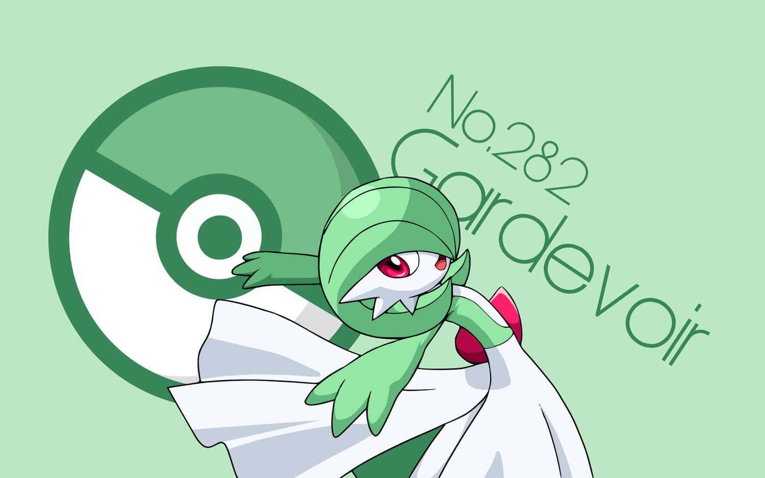 寶可夢 桌布 壁紙 — 一隻綠色的Gardevoir，紅色眼睛和白色斗篷，自信地站在一個精靈球標誌旁邊，背景是薄荷綠色。