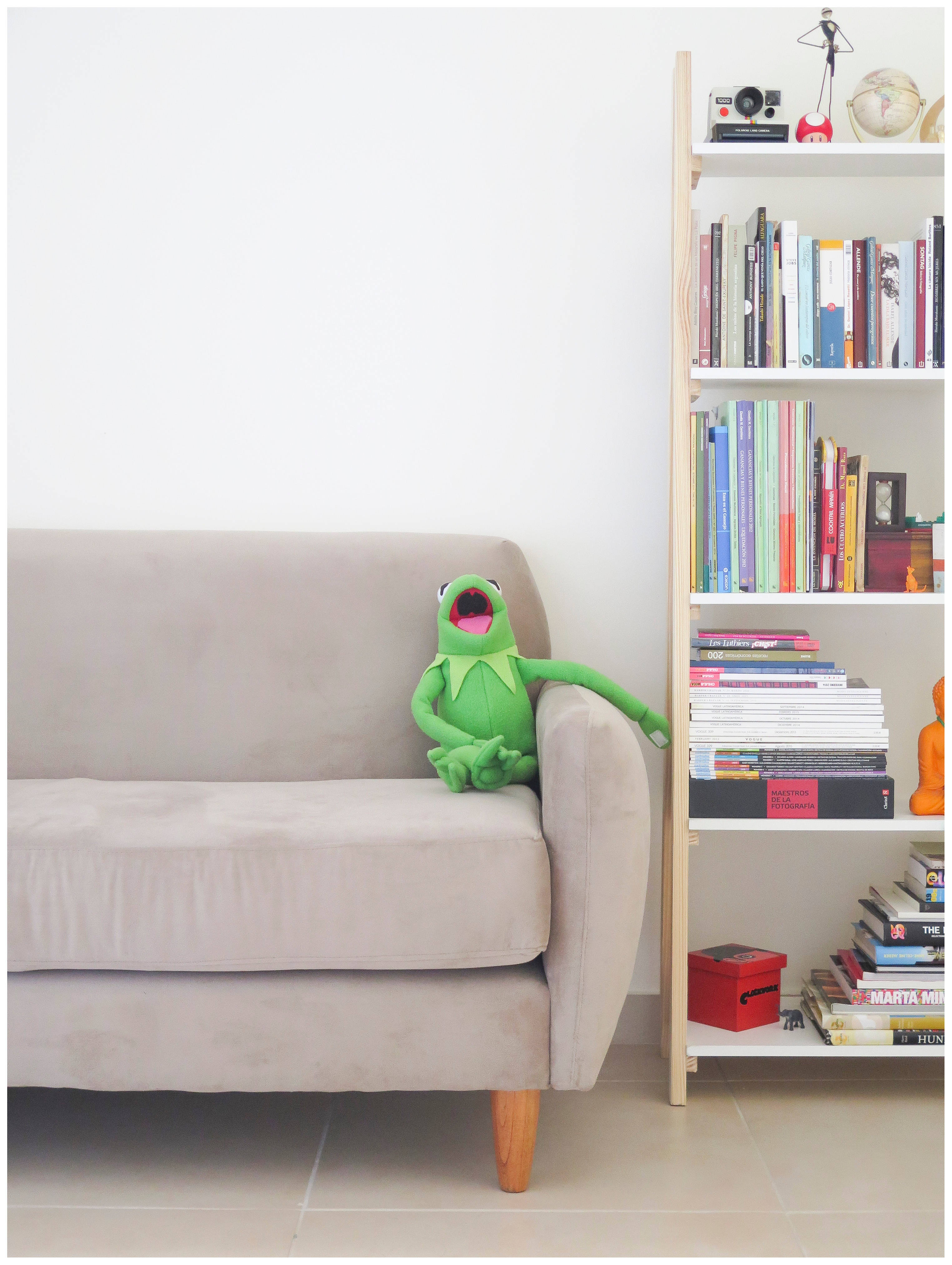 kermit 桌布 壁紙 — 一隻綠色的Kermit the Frog絨毛玩具坐在米色沙發上，旁邊是擺滿色彩繽紛書籍和裝飾品的書架。