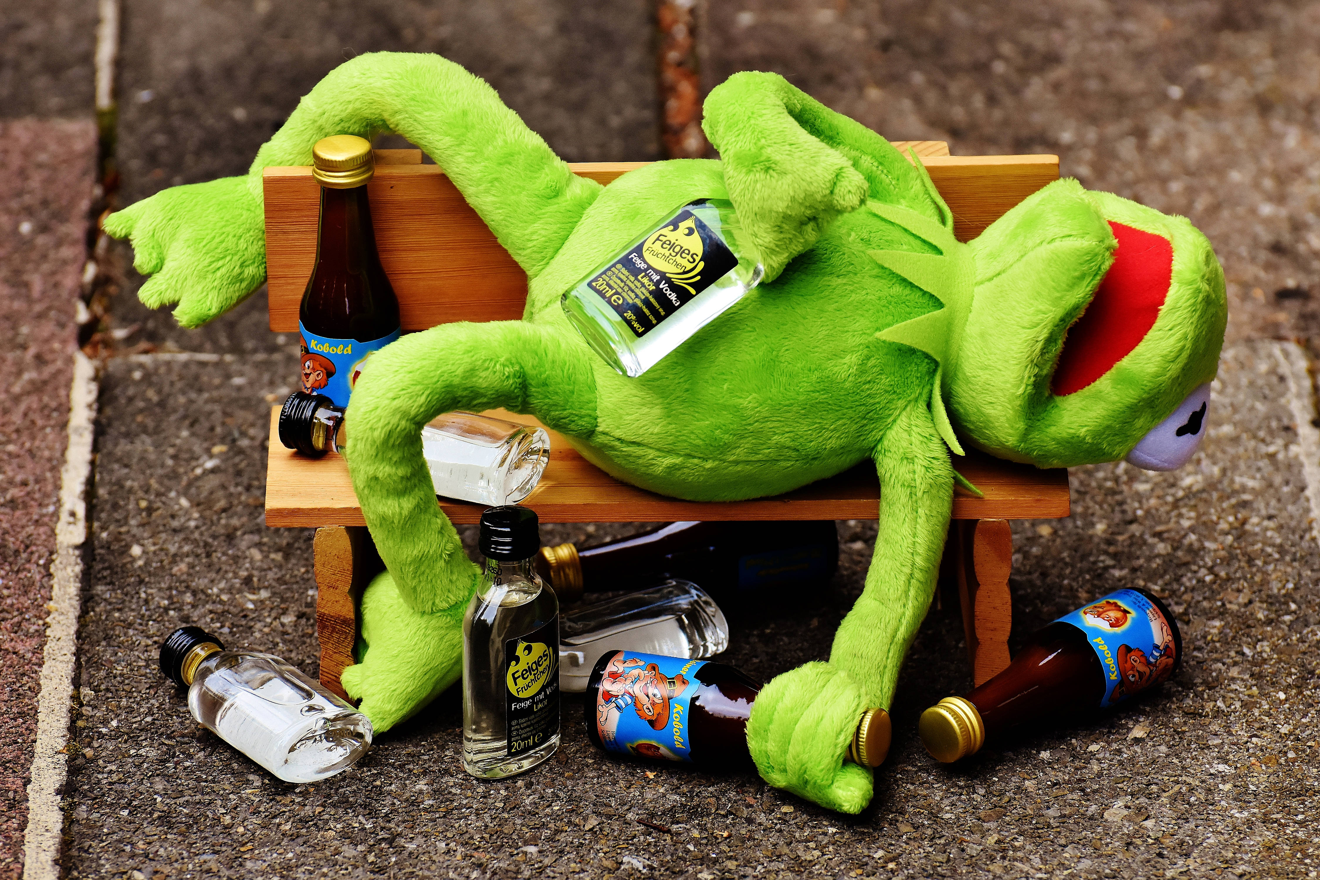 kermit 桌布 壁紙 — 一隻綠色的Kermit青蛙毛絨玩具醉醺醺地躺在一個小木長凳上，周圍散落著酒瓶在人行道上。