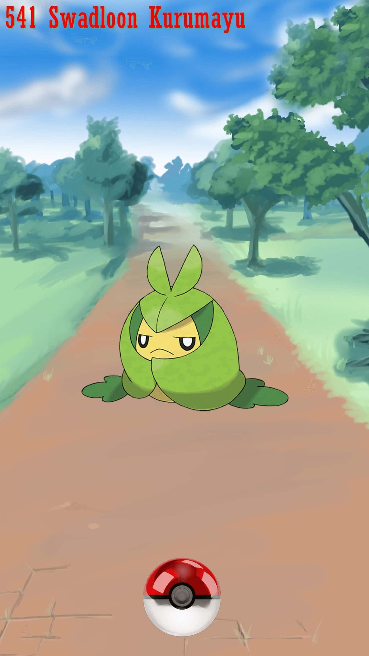 電玩遊戲 桌布 壁紙 — 一隻綠色的Swadloon，有著葉子形狀的耳朵和一副不高興的表情，坐在陽光普照的森林的泥路上，底部有一個精靈球。