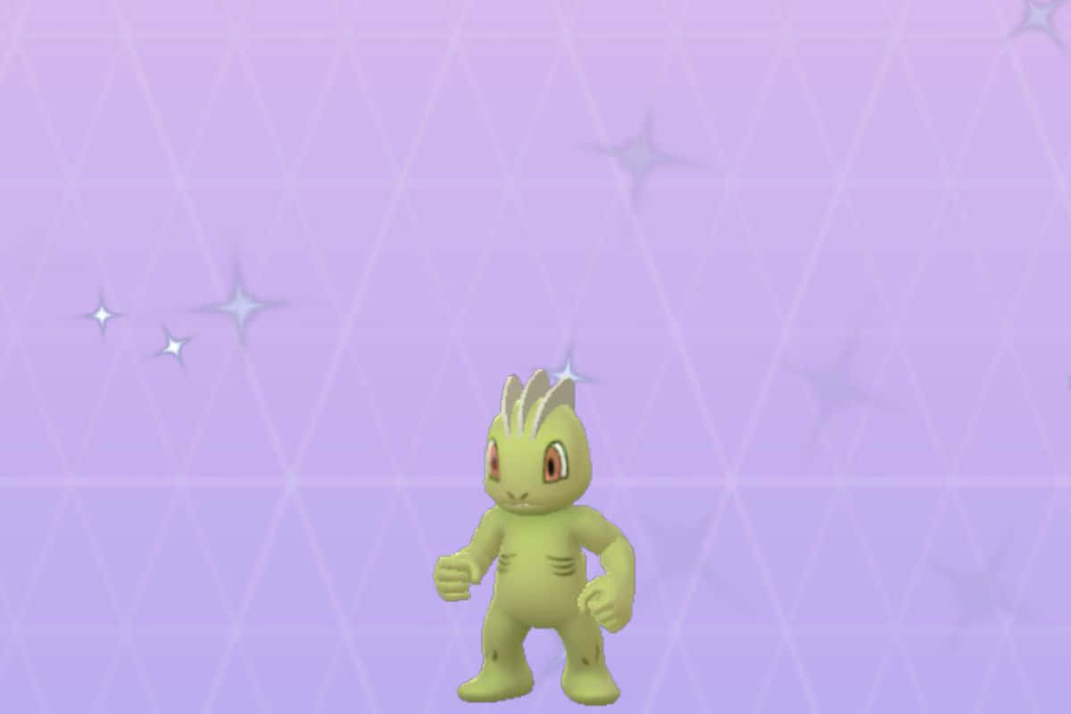 任天堂 桌布 壁紙 — 一隻綠色的寶可夢（Pokémon）有尖刺頭髮，自信地站在紫色幾何背景前面，背景有發光的星星。
