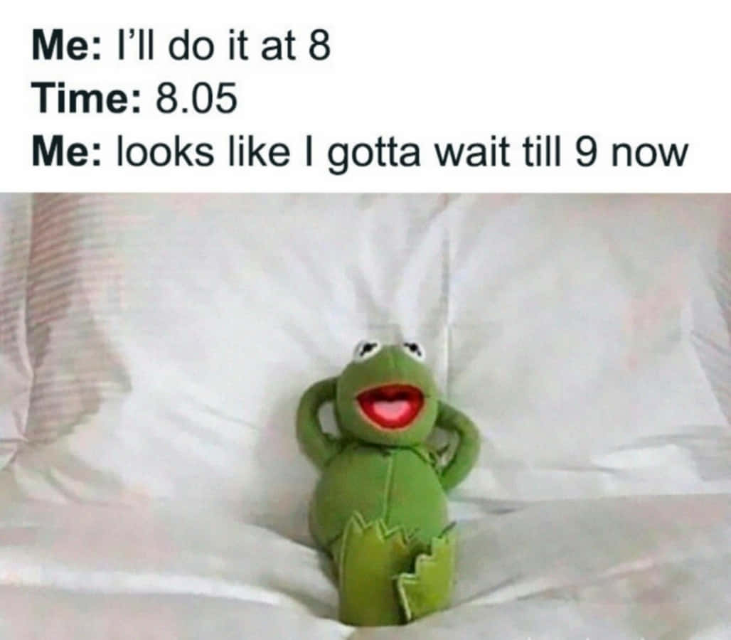 Memes Pics Funny 桌布 壁紙 — 一隻綠色的青蛙柯密特毛絨玩具坐在白色床單上，上方有嘲諷拖延症的文字。