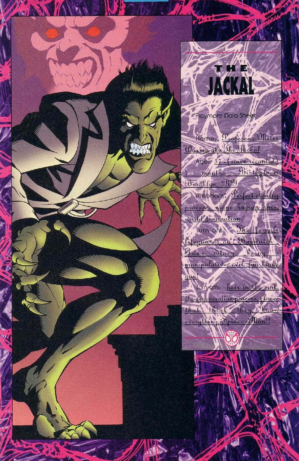 The Jackal 桌布 壁紙 — 一隻綠色皮膚、身穿破爛西裝的兇猛豺狼，在帶有骷髏圖案的紫色和粉紅色潑濺背景中向前猛撲。