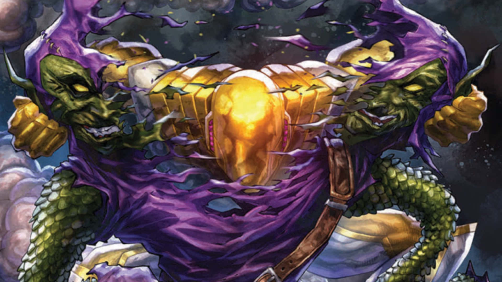 Norman Osborn 桌布 壁紙 — 一隻綠色皮膚的龍形生物，帶有紫色能量爆發和金色盔甲，在黑暗的宇宙背景下猛烈咆哮。