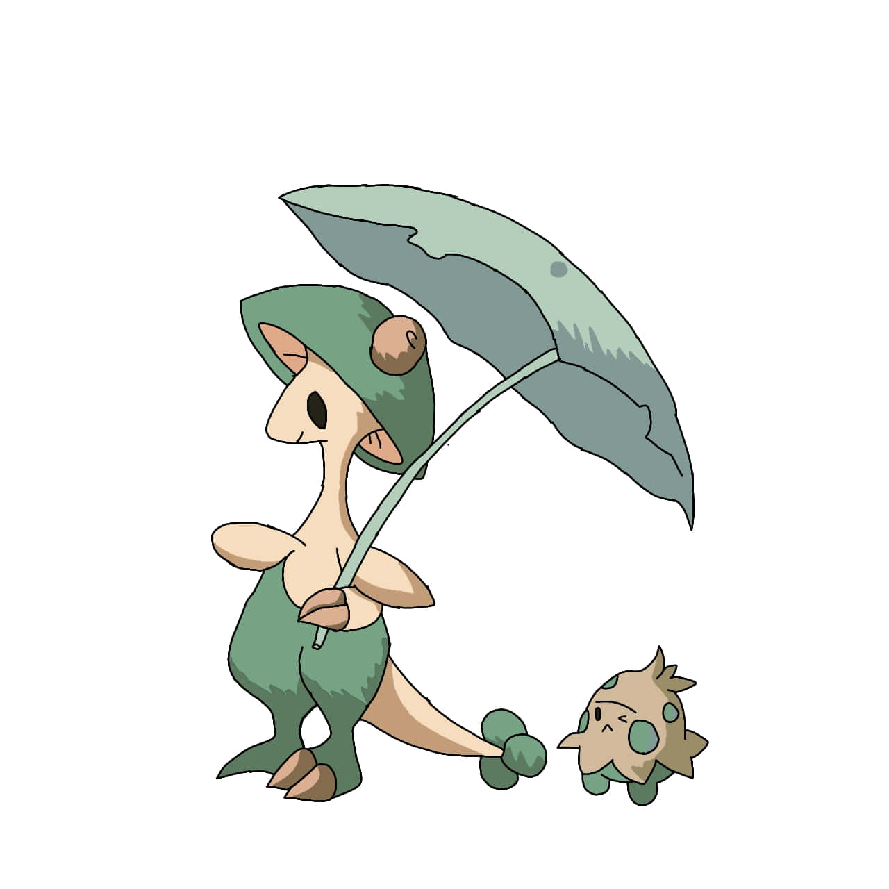 Umbrella 桌布 壁紙 — 一隻綠色葉狀寶可夢拿著一把巨大的葉傘，旁邊有一個小夥伴抬頭看著。