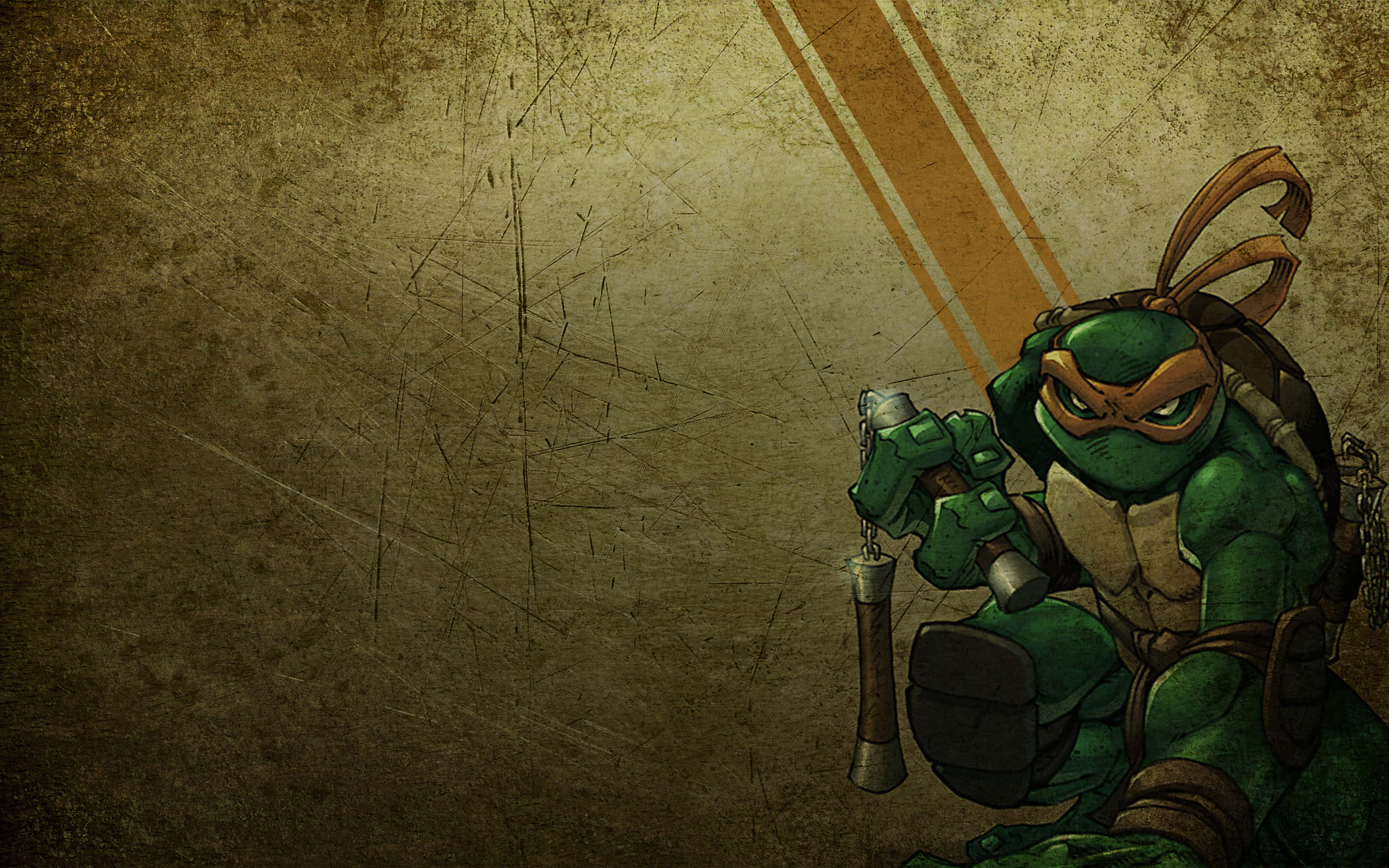 Teenage Mutant Ninja Turtles Comic Book 桌布 壁紙 — 一隻綠色蒙面忍者龜蹲伏著，手持雙節棍，面向帶有橙色條紋的粗糙紋理牆壁。