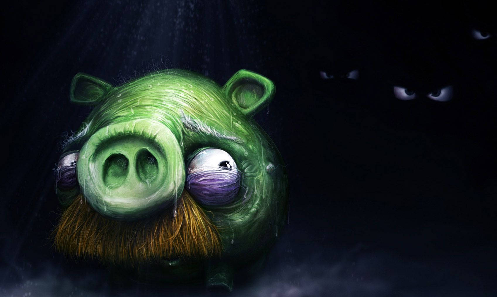 Angry Birds 桌布 壁紙 — 一隻綠色豬，眼睛纏著繃帶，有鬍鬚，恐懼地凝視著，因為發光的眼睛從後面的黑暗陰影中注視著。
