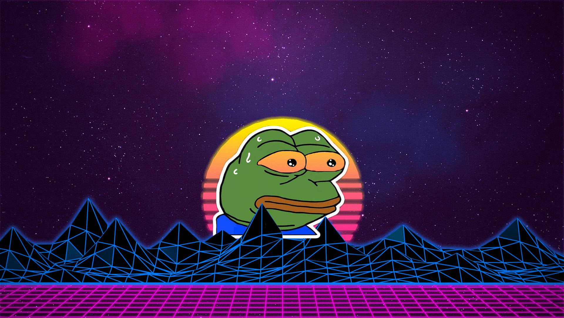 Pepe 桌布 壁紙 — 一隻綠色青蛙，眼睛下垂，坐在霓虹燈網格上，背景是星空紫色天空和復古太陽。