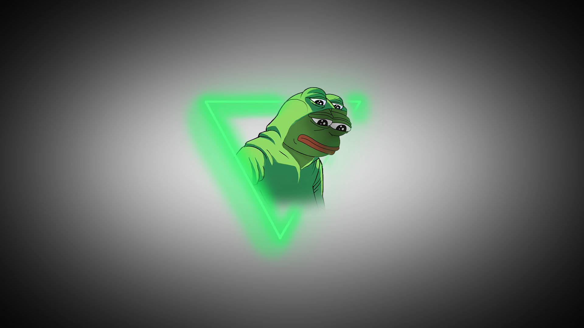 Pepe 桌布 壁紙 — 一隻綠色青蛙帶著悲傷的表情，被一個發光的霓虹三角形框在漸變灰色背景上。