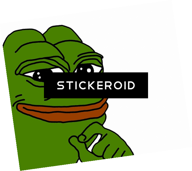 Pepe 桌布 壁紙 — 一隻綠色青蛙帶著自鳴得意的表情指著一條顯示STICKEROID字樣的黑色條。