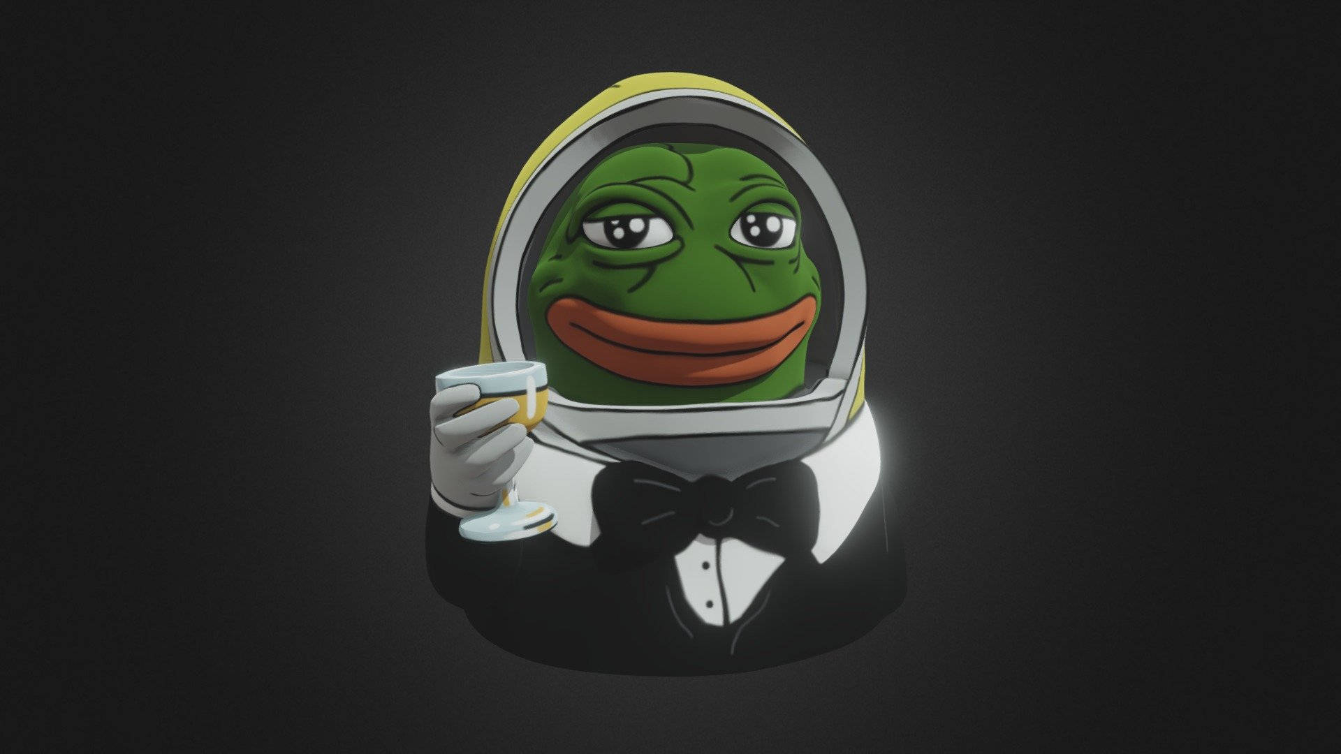 Pepe 桌布 壁紙 — 一隻綠色青蛙穿著太空服和燕尾服，在黑暗背景下拿著一杯香檳。