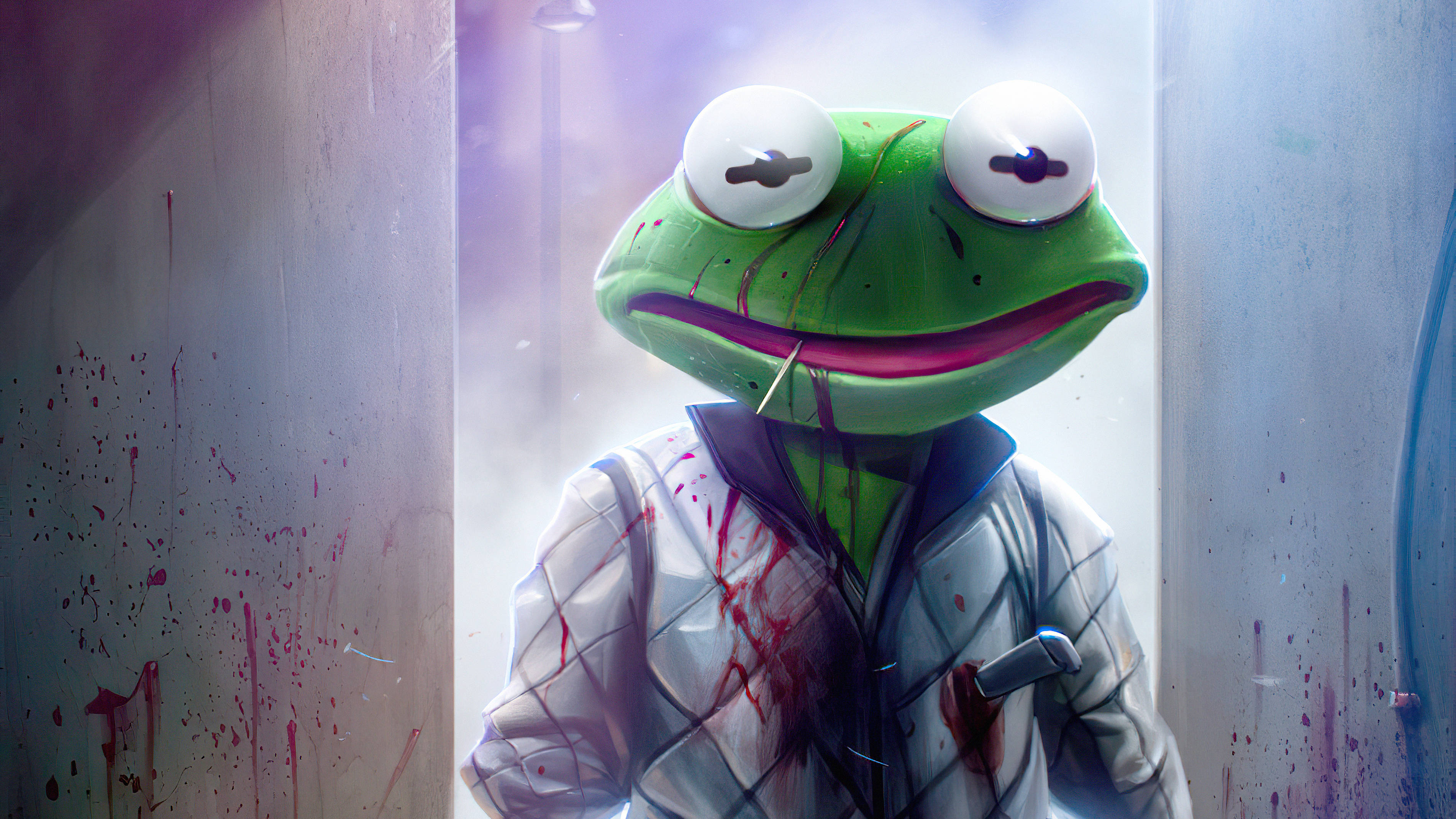 kermit 桌布 壁紙 — 一隻綠色青蛙穿著沾滿血漬的實驗室外套，站在霧氣瀰漫的走廊中，牆上有紅色飛濺痕跡，嘴裡含著一支注射器。