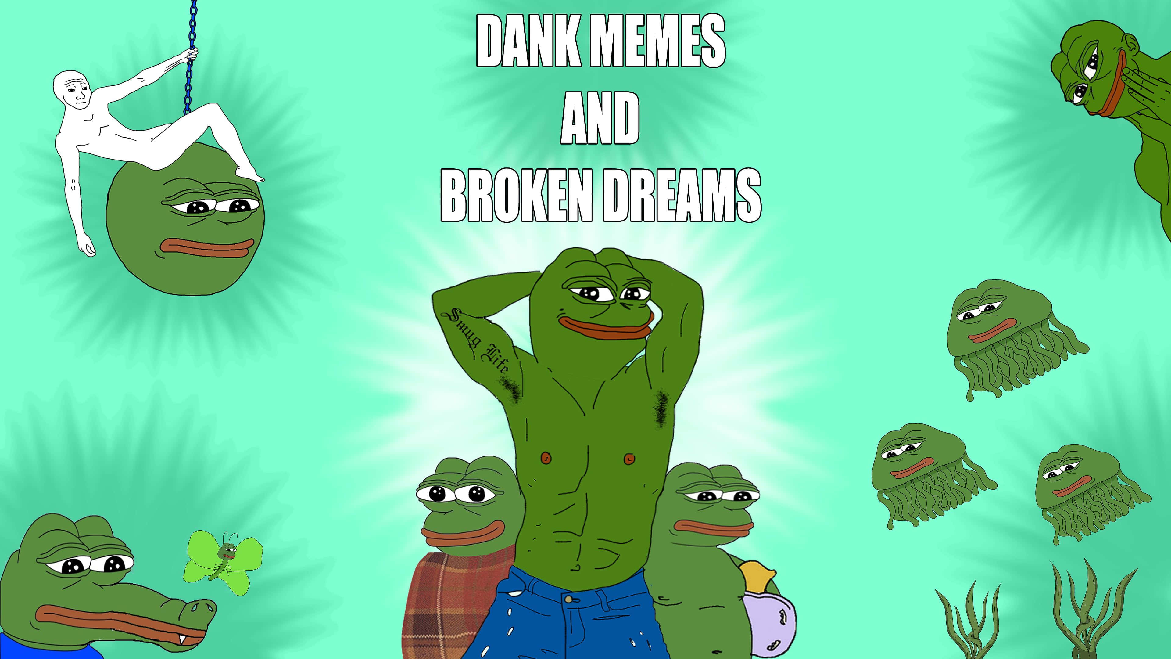 meme 桌布 壁紙 — 一隻綠色青蛙角色舉起雙臂站在舞台中央，周圍漂浮著 Pepe the Frog 迷因，背景是發光的青綠色。