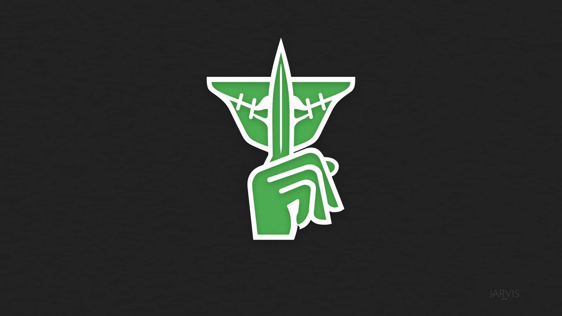 Rainbow Six Siege Caveira 桌布 壁紙 — 一隻綠色風格化的手，握著一把葉子形狀的劍，帶有白色縫線，背景為深色紋理。