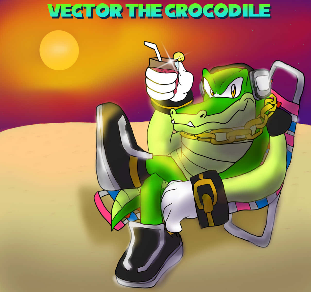 Vector The Crocodile 桌布 壁紙 — 一隻綠色鱷魚角色躺在沙灘椅上，在充滿活力的日落天空下啜飲飲料。