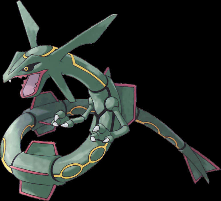 Pokemon Characters 桌布 壁紙 — 一隻綠色龍形寶可夢，帶有黃色和粉紅色點綴，在黑色背景上動態咆哮。