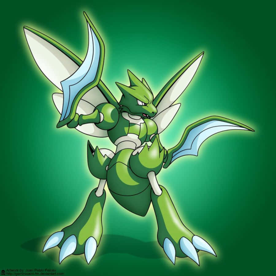 Scyther 桌布 壁紙 — 一隻綠色龍狀寶可夢，帶有白色和藍色的翅膀刀片，在發光的綠色背景前動態站立。