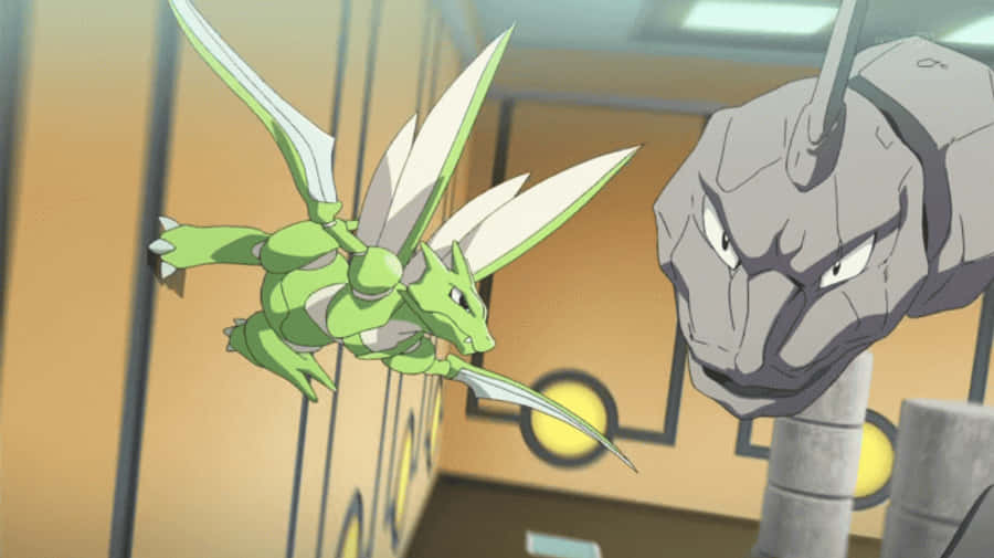 Scyther 桌布 壁紙 — 一隻綠色龍狀寶可夢，帶有白色翼刃，在未來實驗室環境中與一隻灰色裝甲寶可夢對峙。