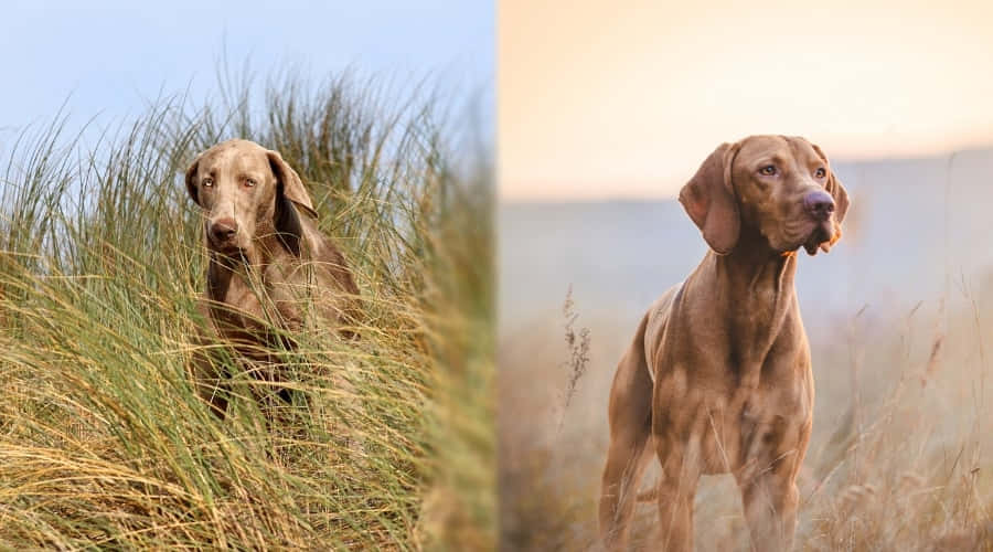 Weimaraner 桌布 壁紙 — 一隻維茲拉犬在柔和的藍天下，警覺地坐在高高的金色草叢中，然後在溫暖的日落地平線上平衡站立。