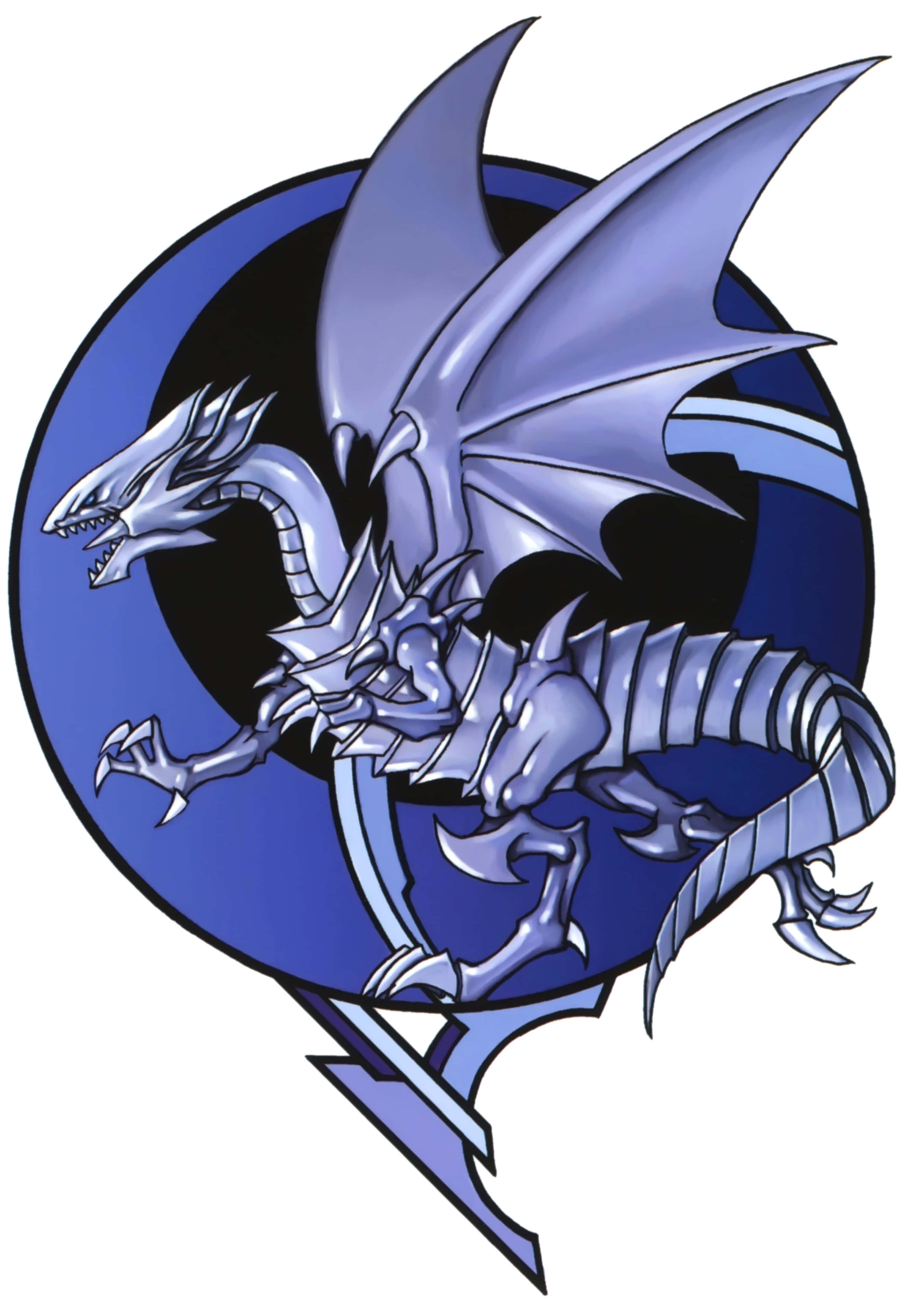 Dragon Profile 桌布 壁紙 — 一隻線條流暢的銀色龍，擁有鋒利的翅膀和爪子，在黑色背景上的藍色圓形徽章內動態擺姿勢。