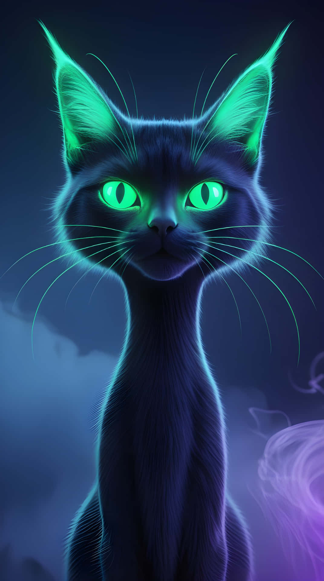 A black cat 壁紙 — 一隻線條流暢的黑貓，擁有發光的綠色眼睛和螢光綠色耳尖，在深藍色煙霧背景前凝視著。