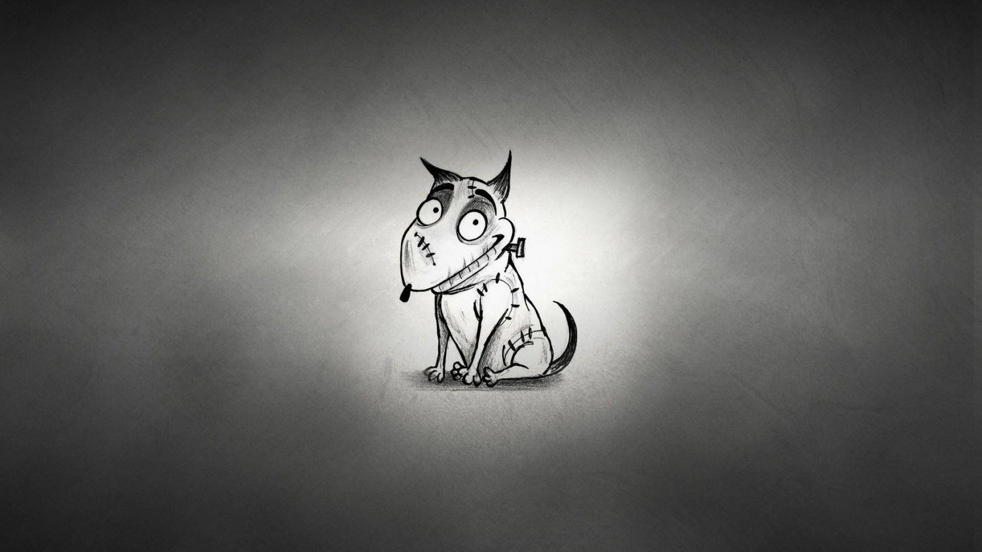 Frankenweenie 桌布 壁紙 — 一隻縫合的卡通狗，有大眼睛，坐在聚光燈下，背景是有紋理的灰色。