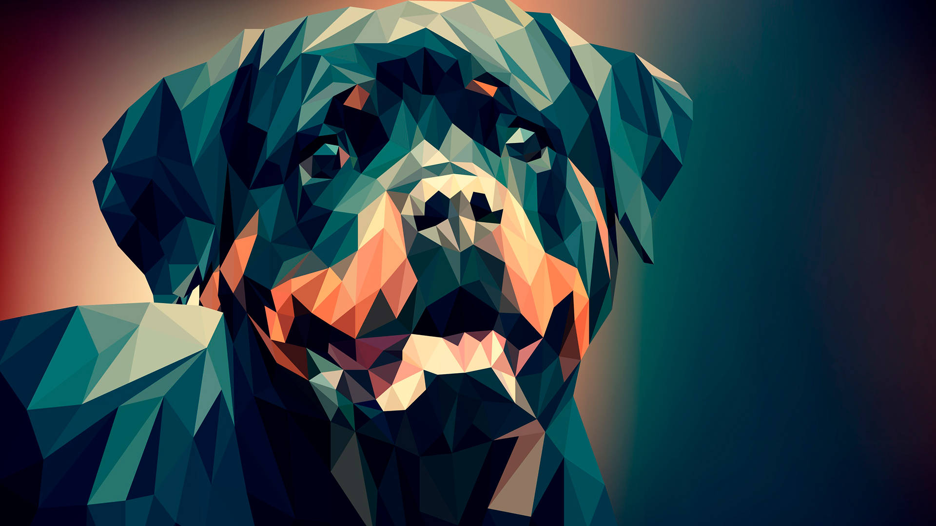 Polygon 桌布 壁紙 — 一隻羅威納犬的風格化幾何肖像，帶有青綠色、橙色和深藍色調的尖銳多邊形切面。