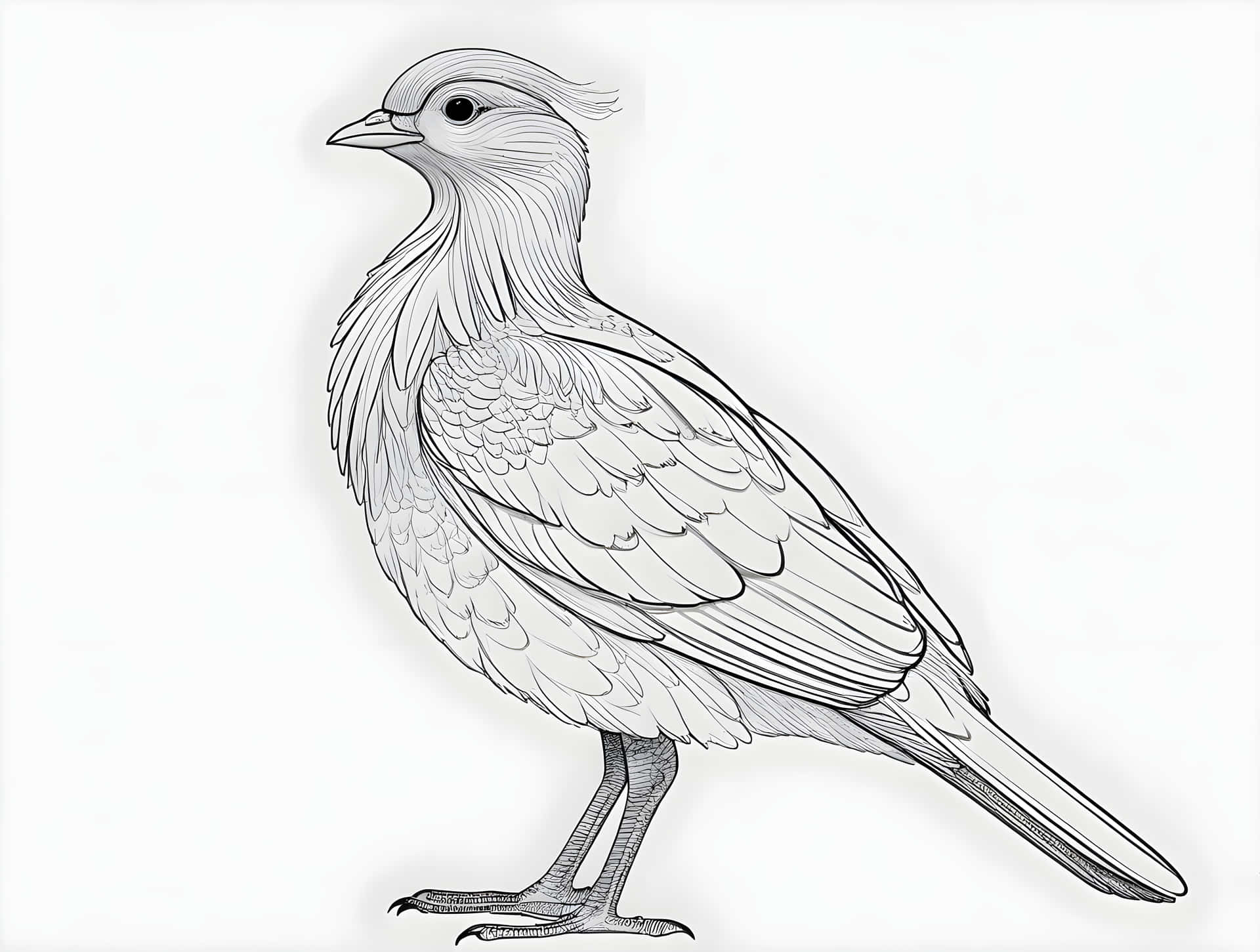 Line  art bird 壁紙 — 一隻羽毛有紋理的鳥單腳站立在純色背景上的詳細黑白線條畫。