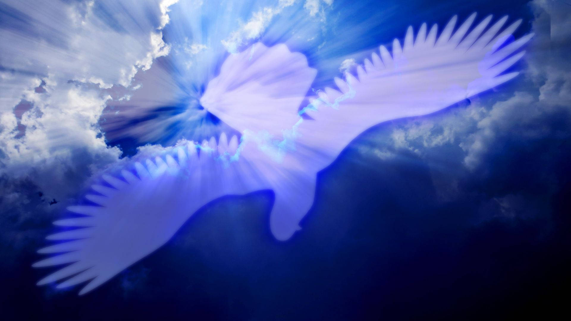 抽象 桌布 壁紙 — 一隻耀眼的白鳥在戲劇性的藍天中翱翔，陽光從其翅膀後方迸發而出。