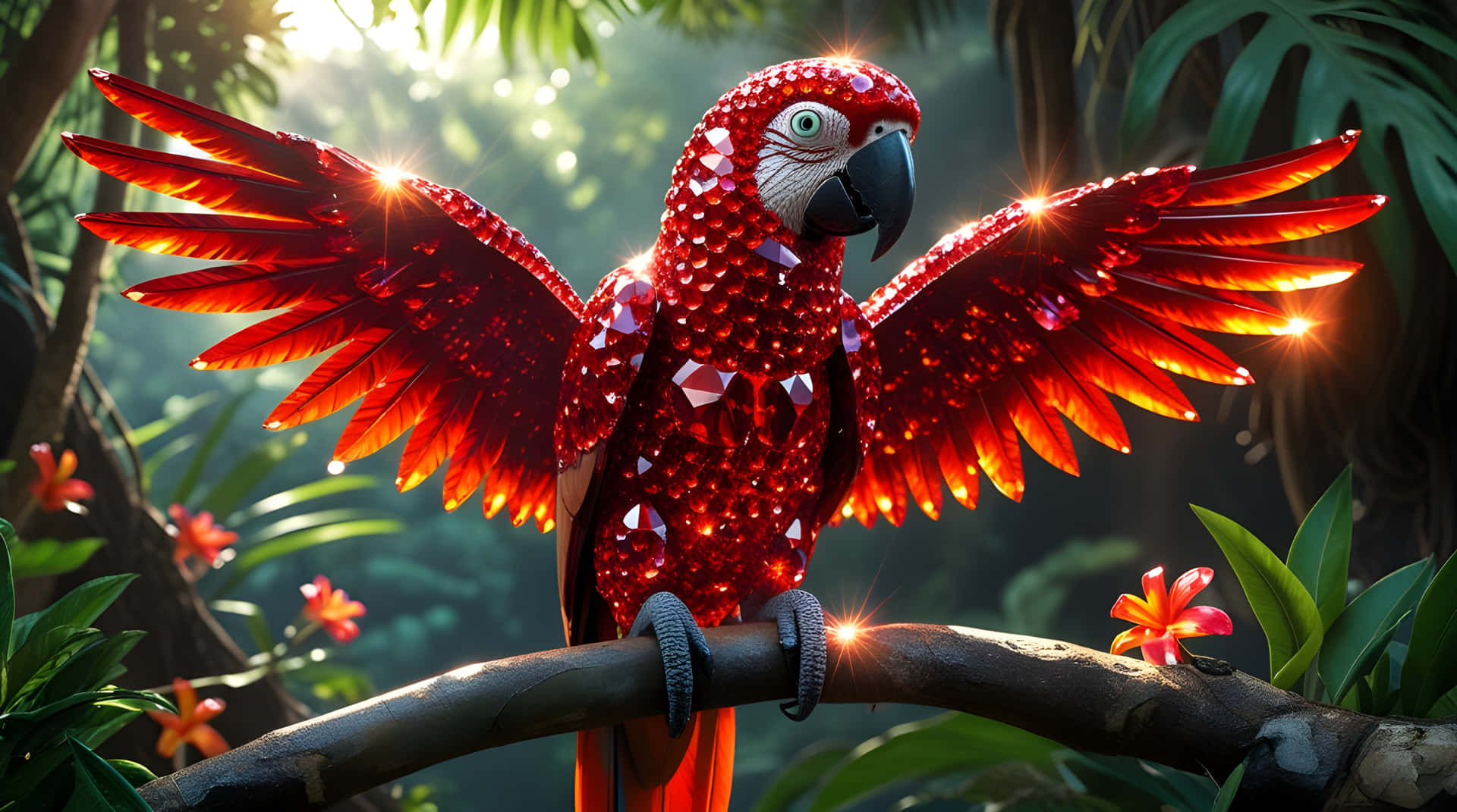 The amazing jungle parrot 壁紙 — 一隻耀眼的紅色寶石覆蓋的金剛鸚鵡在陽光明媚的叢林中展開翅膀，羽毛閃閃發光，周圍是熱帶花卉。