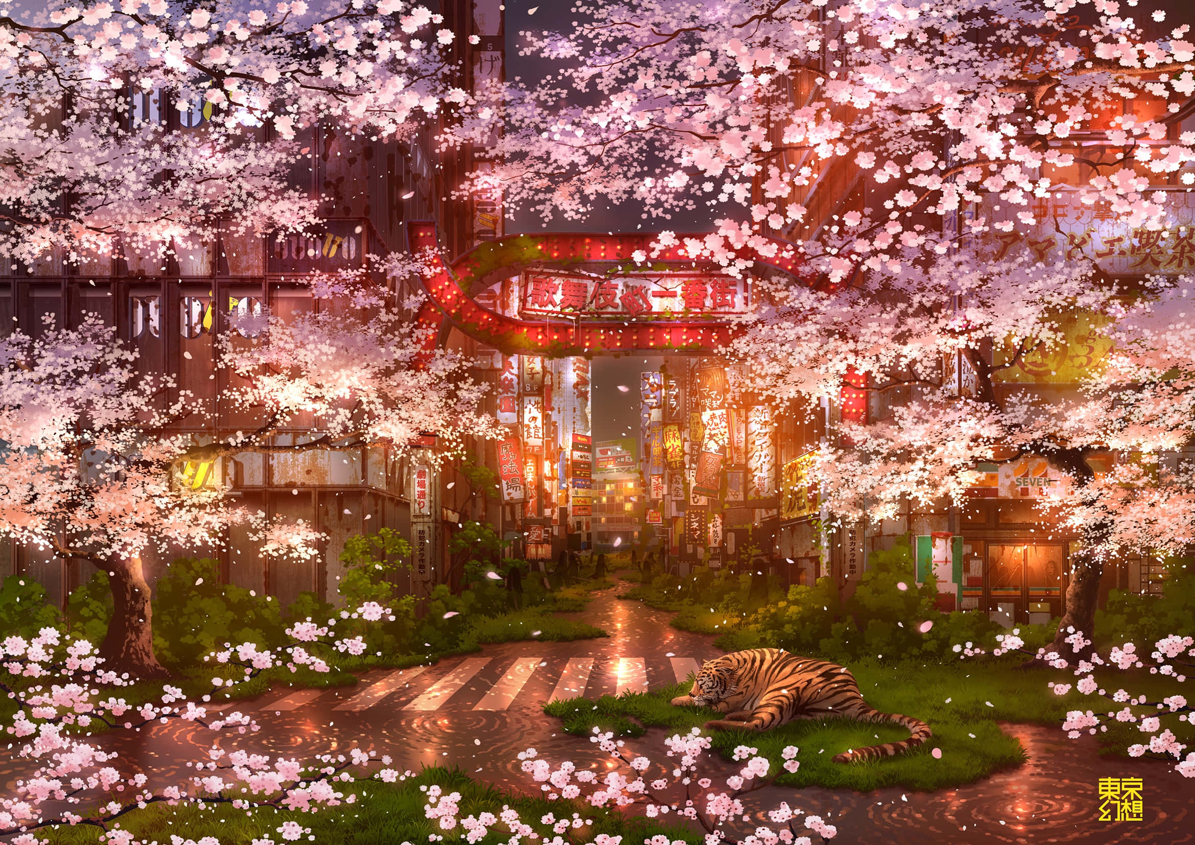 Night Cherry Blossom 桌布 壁紙 — 一隻老虎在夜晚霓虹燈閃爍的日本街道上，在櫻花樹下平靜地休息。