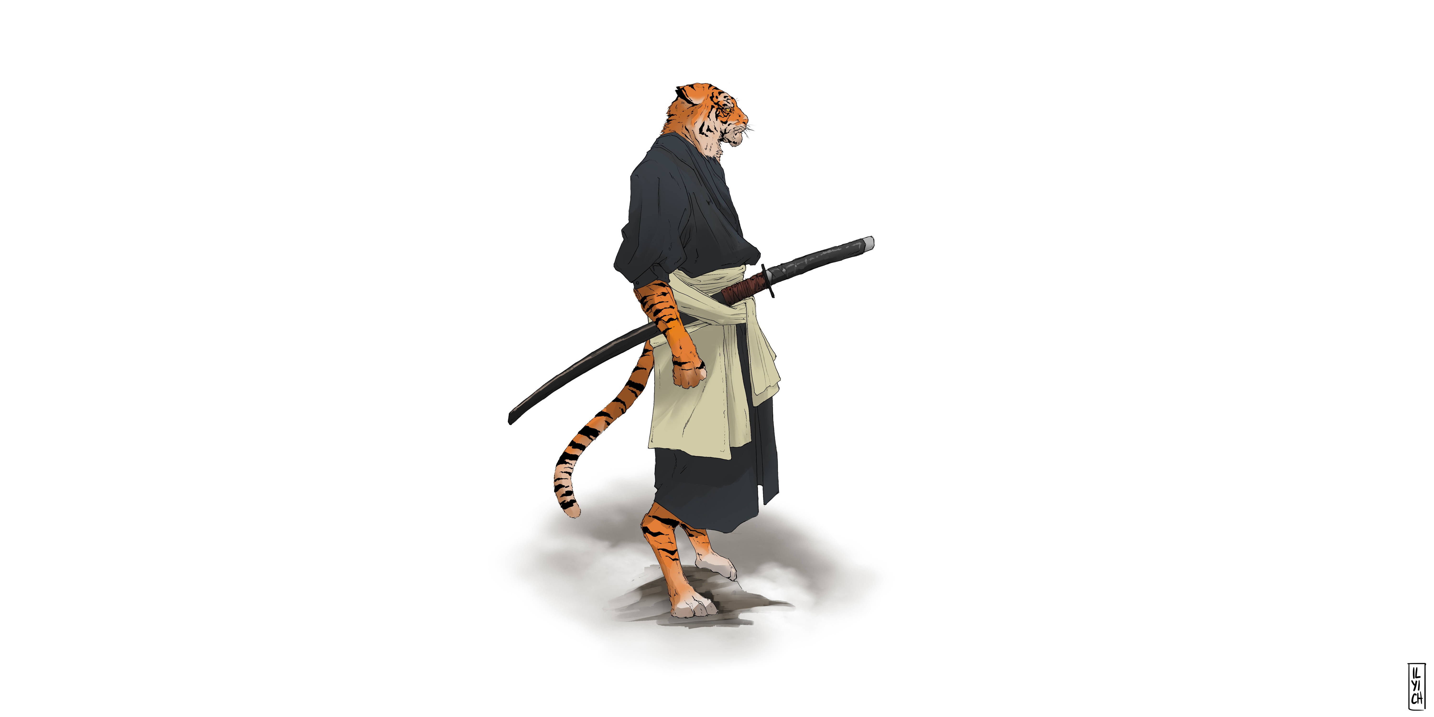 武士動畫 桌布 壁紙 — 一隻老虎穿著黑色和服，自信地走著，肩上扛著一把武士刀，背景是純白色。