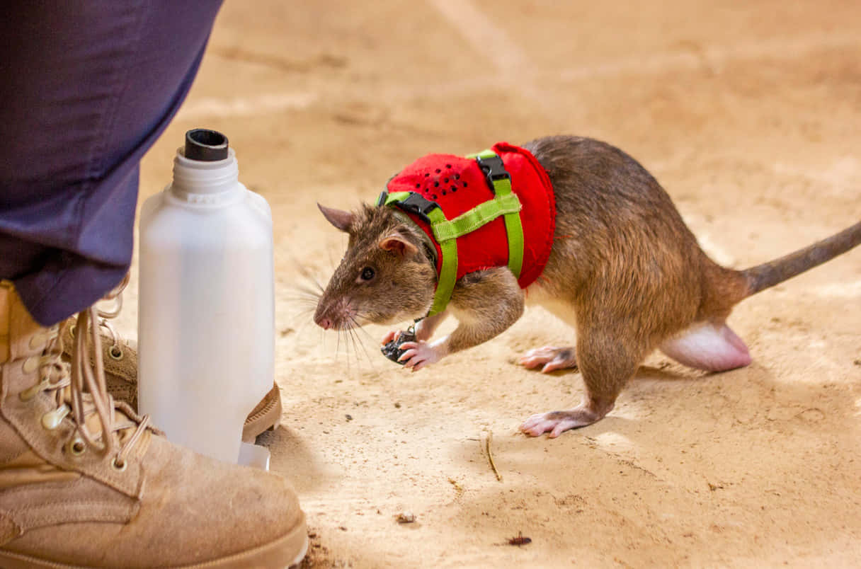 Rat 桌布 壁紙 — 一隻老鼠穿著紅色背帶和微型相機，在一個人的靴子和水瓶旁邊探索沙地。