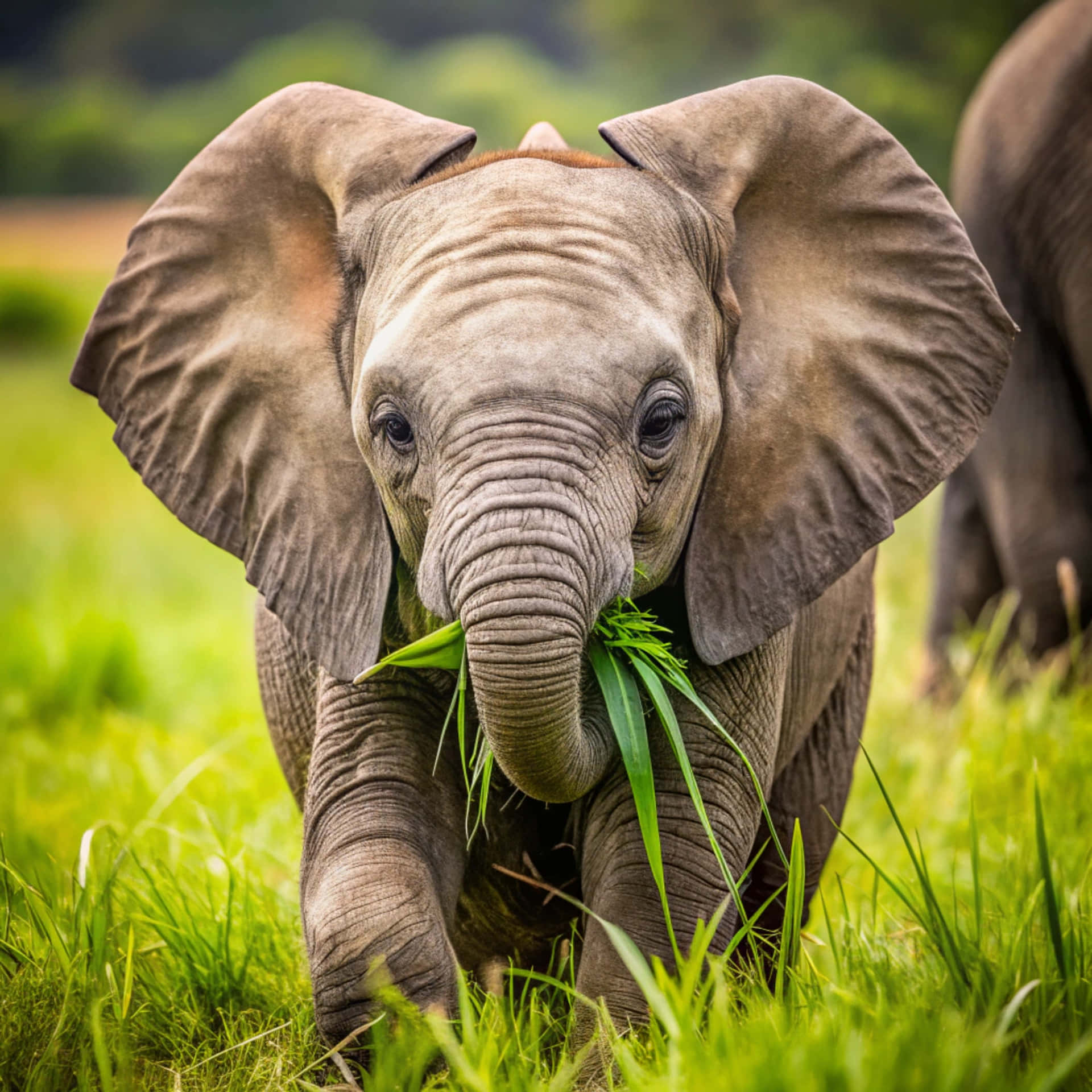 Close-up of a baby elephant 壁紙 — 一隻耳朵大、皮膚灰皺的年輕大象在陽光明媚的田野裡大口咀嚼鮮綠色的草。
