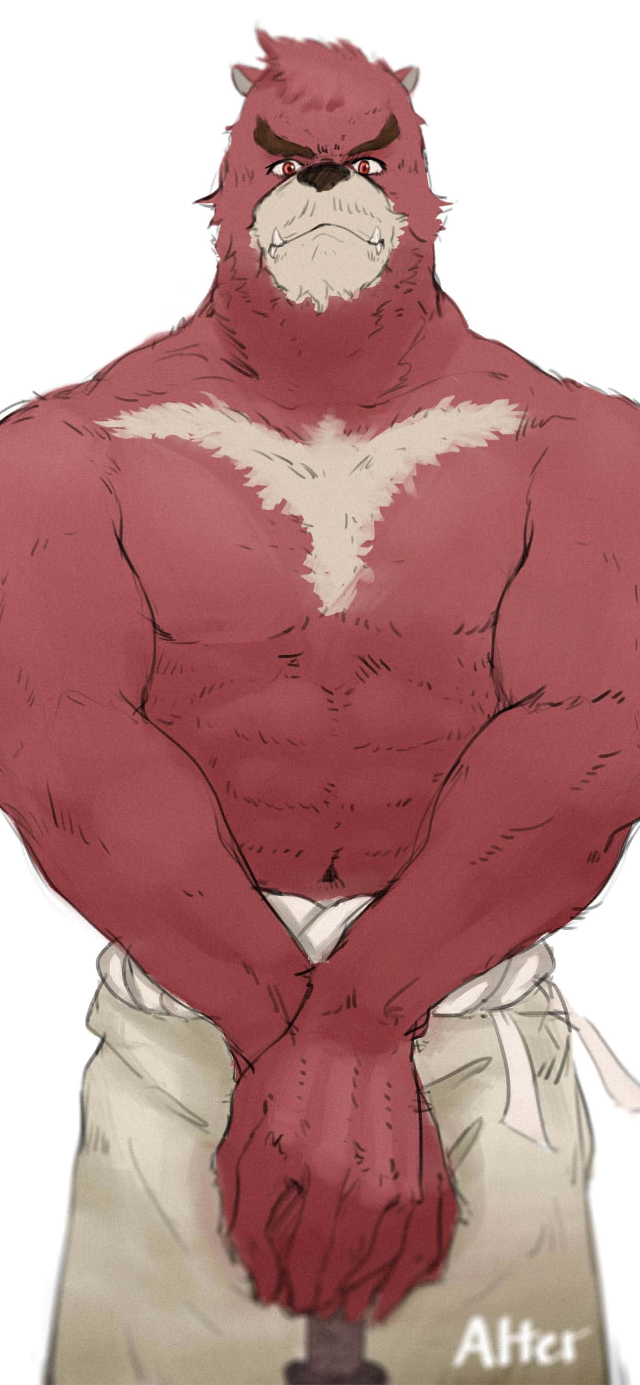 The Boy And The Beast 桌布 壁紙 — 一隻肌肉發達、紅色毛髮的擬人化野獸，帶有白色胸部標記和憤怒的眼睛，雙手合十，穿著白色圍裙。