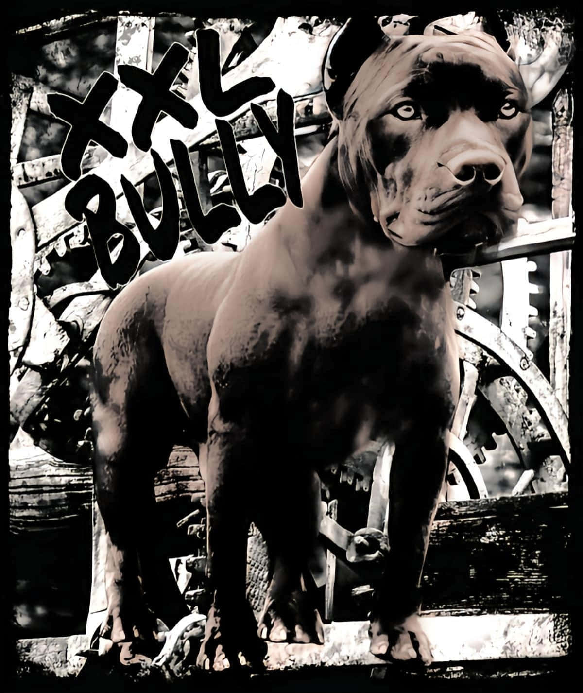 動物 桌布 壁紙 — 一隻肌肉發達的XL Bully狗強而有力地站在生鏽的工業齒輪和管道中，帶有粗體塗鴉文字。