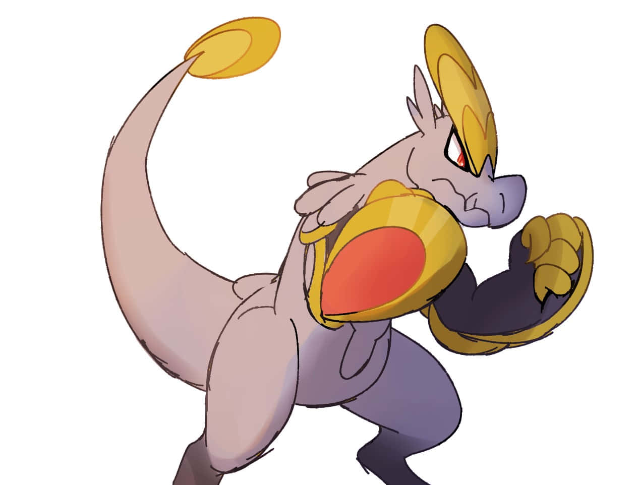 Pokemon Aesthetic 桌布 壁紙 — 一隻肌肉發達的動漫風格寶可夢，帶有金色板塊和紅色胸甲，在純白色背景上擺出動態的戰鬥姿勢。