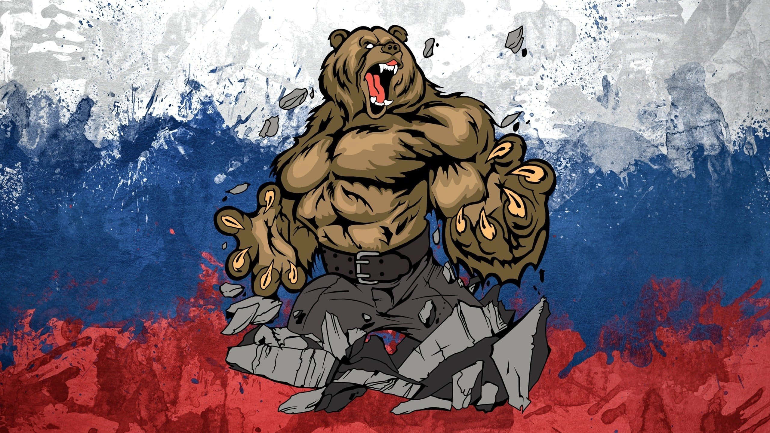 Russian 桌布 壁紙 — 一隻肌肉發達的卡通熊用爪子撕開俄羅斯國旗背景，呈現粗糙的數位插畫風格。