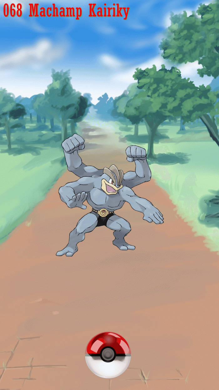 Machamp 桌布 壁紙 — 一隻肌肉發達的怪力自豪地站在森林空地的泥路上，天空湛藍，白雲朵朵。