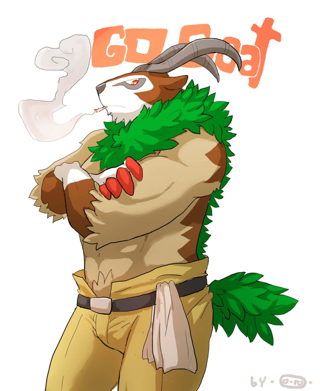 桌布 壁紙 — 一隻肌肉發達的擬人化山羊，有著綠色葉狀鬃毛和尾巴，正在抽煙，上方漂浮著「GO GOAT」文字。