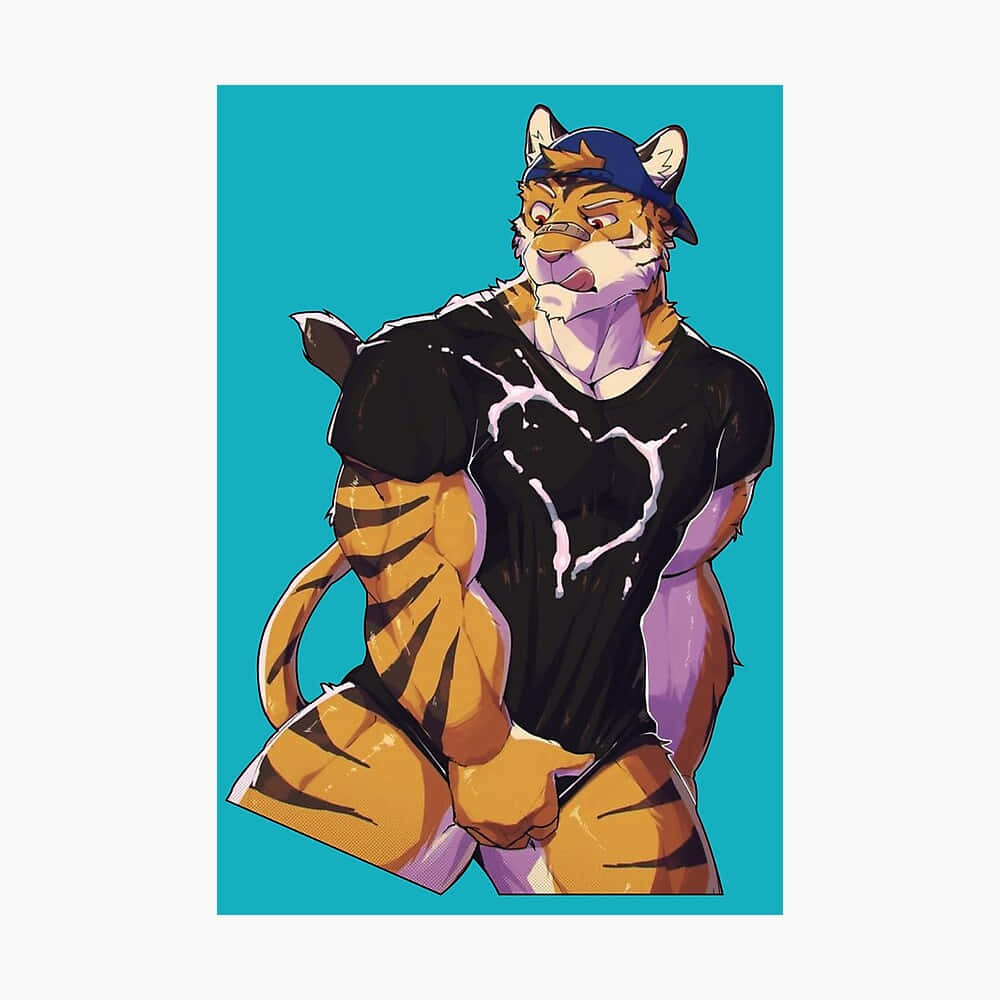 獸人 桌布 壁紙 — 一隻肌肉發達的擬人化老虎，身穿黑色T恤和藍色帽子，在純青色背景前自信地擺姿勢。